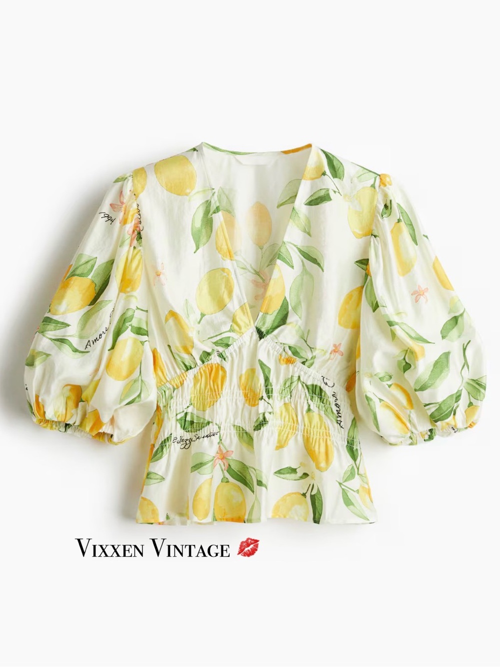 H&M LIMONE PRINT 'V-NECK BLOUSE' & 'FLARED SKIRT' OUTFIT IN WHITE/LEMONS